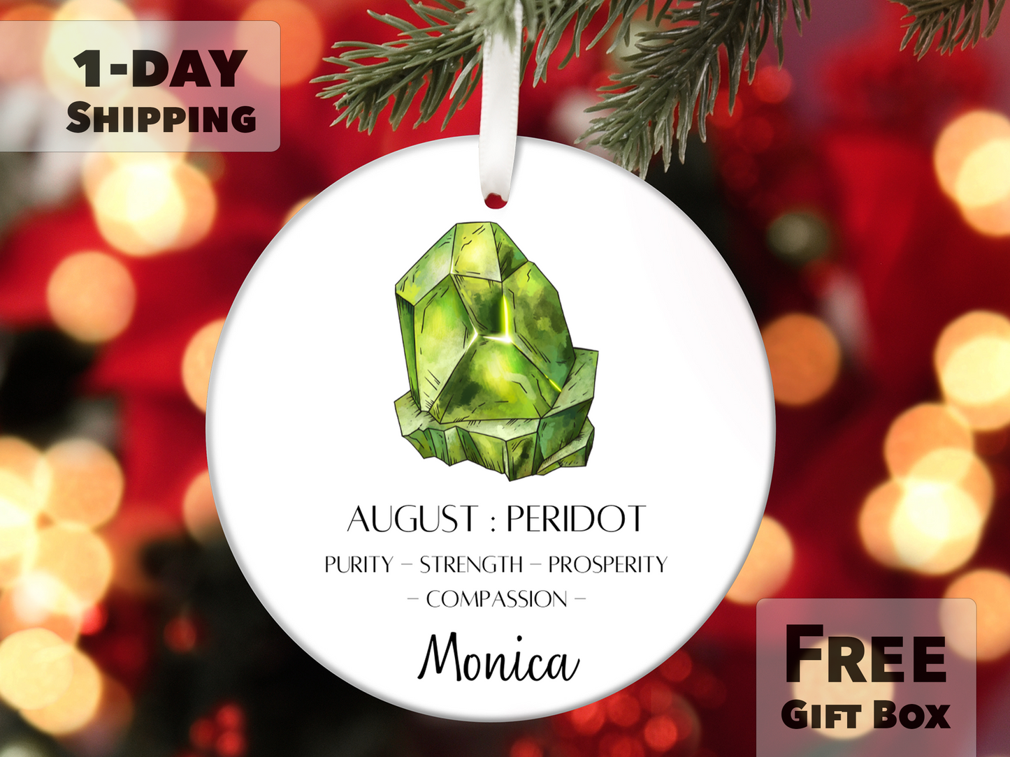 Personalized August Birthstone Ornament - Peridot