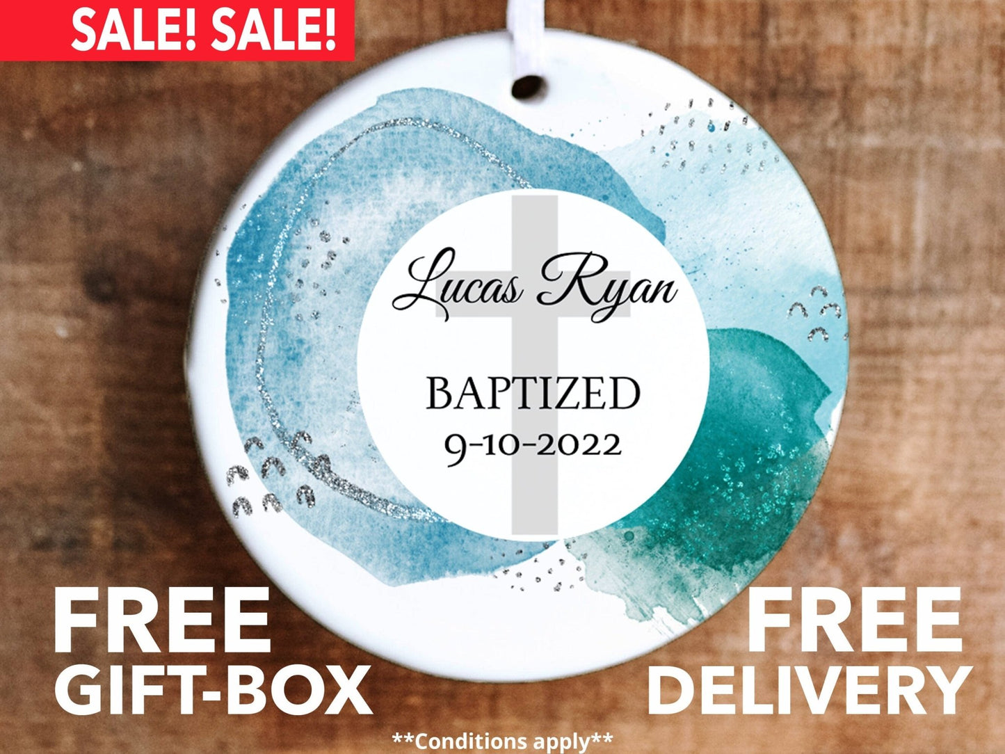Personalized Baptism Ornament - Blue and Green - Made Simple Designs