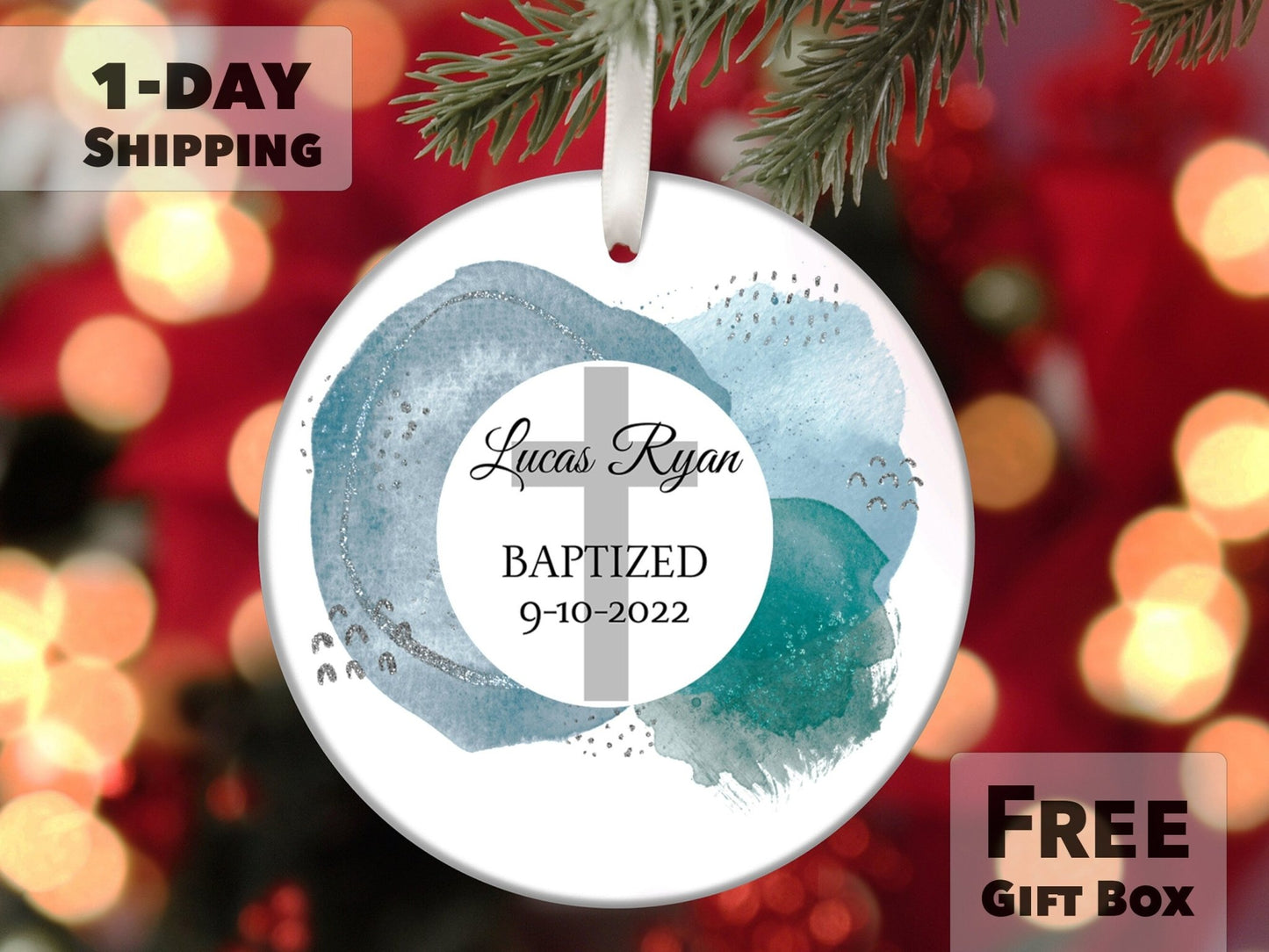 Personalized Baptism Ornament - Blue and Green - Made Simple Designs