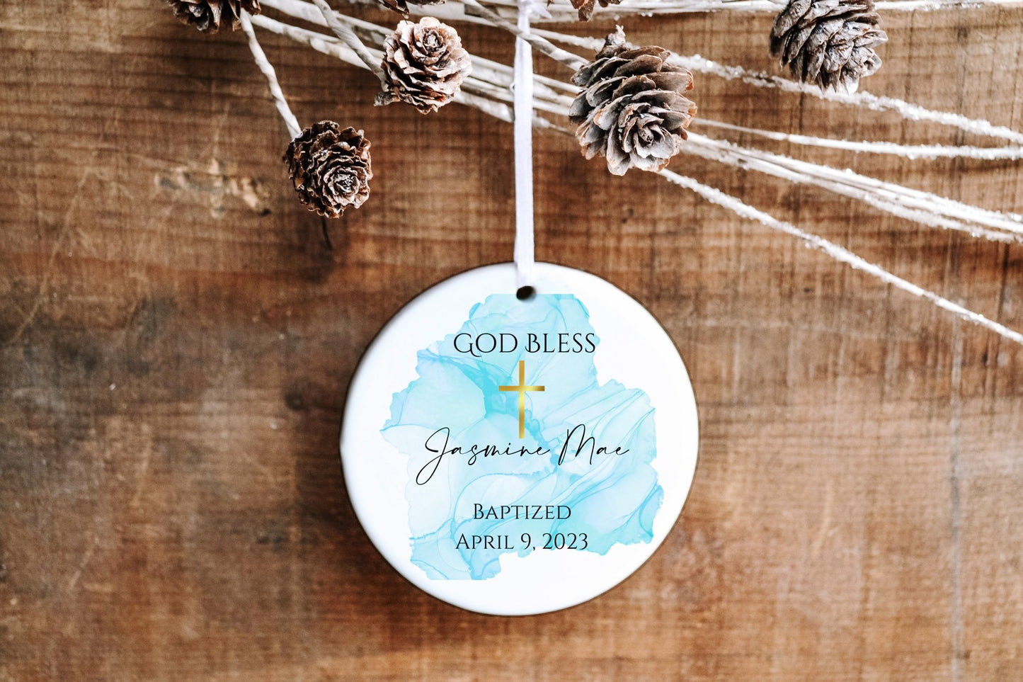 Personalized Baptism Ornament - Blue Watercolor and Cross - Made Simple Designs