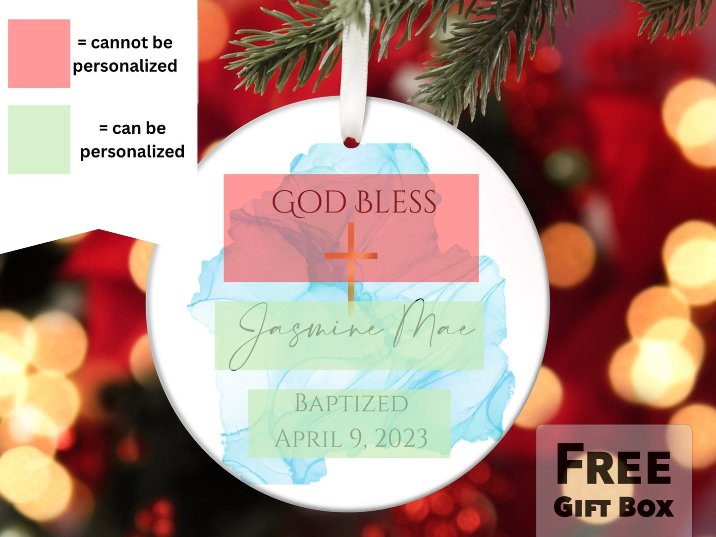 Personalized Baptism Ornament - Blue Watercolor and Cross - Made Simple Designs