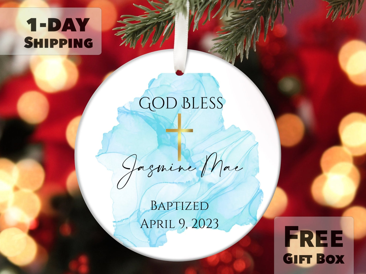 Personalized Baptism Ornament - Blue Watercolor and Cross - Made Simple Designs