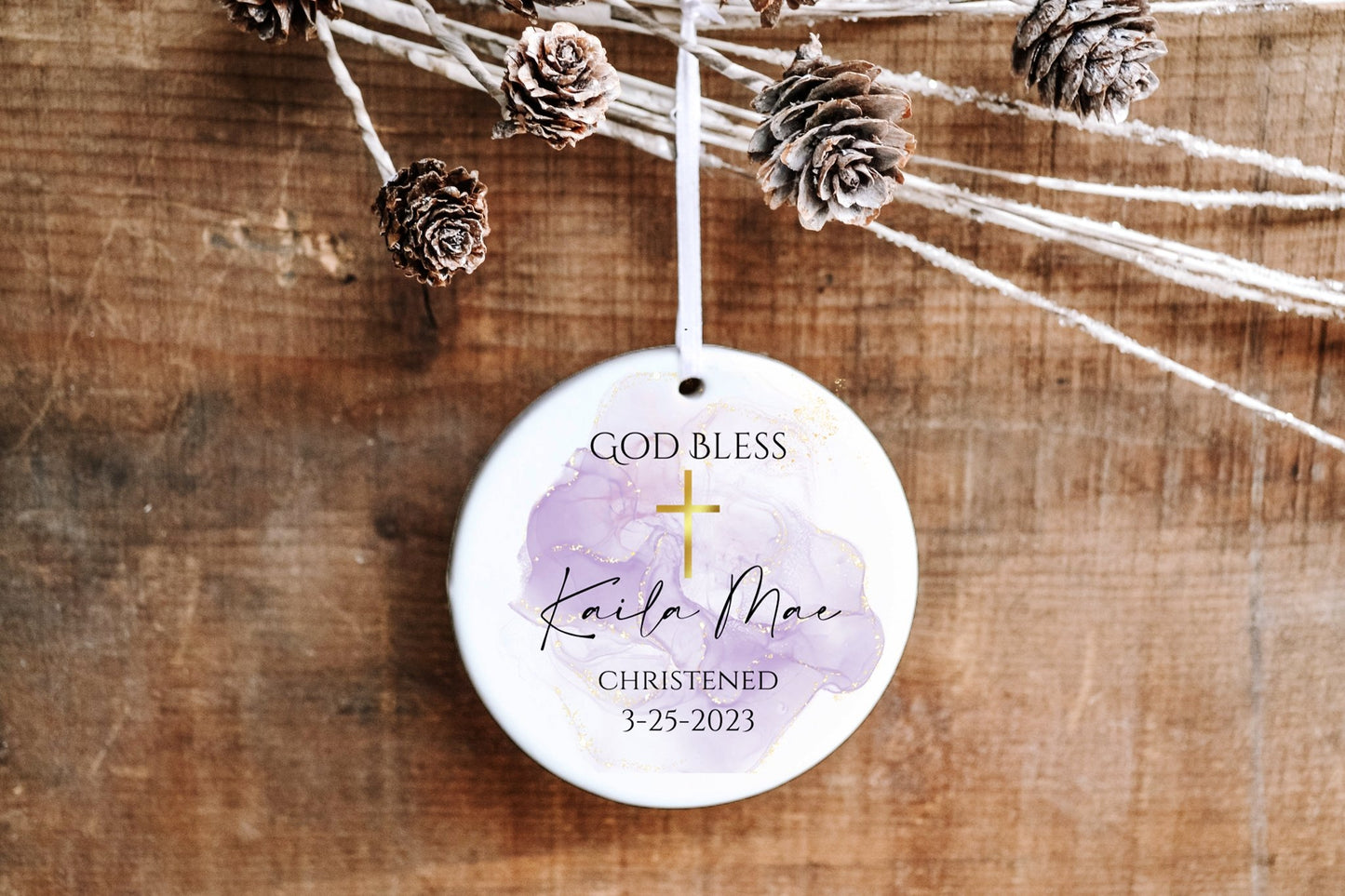 Personalized Baptism Ornament - Purple Watercolor and Cross - Made Simple Designs