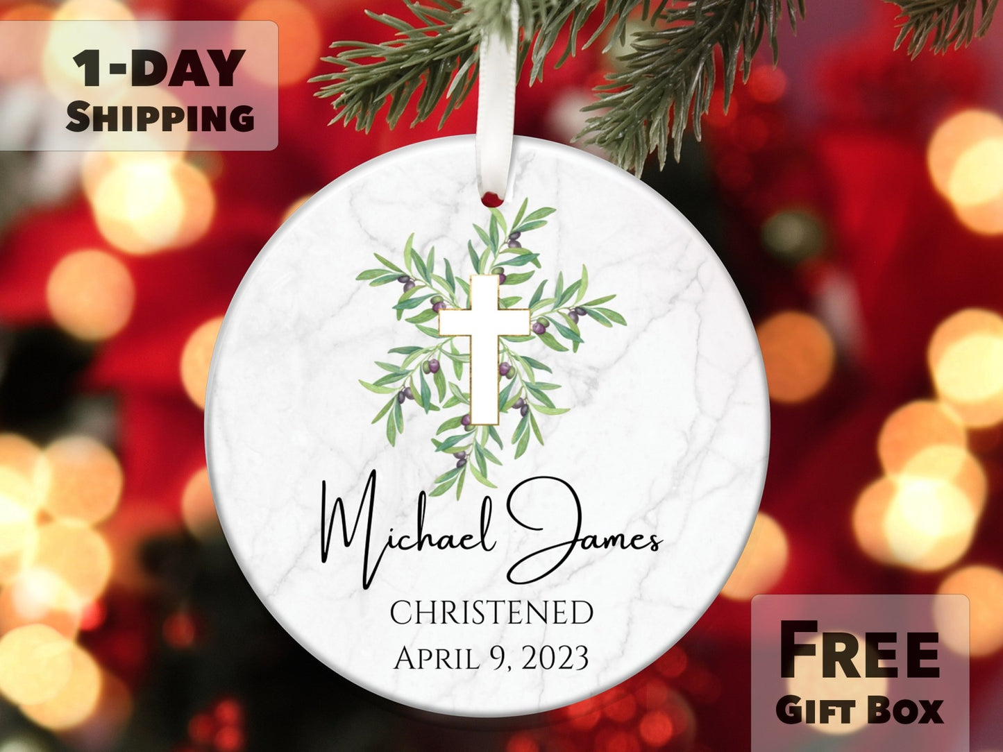 Personalized Baptism Ornament With Cross and Olive Branches - Made Simple Designs