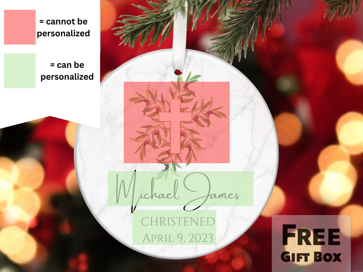 Personalized Baptism Ornament With Cross and Olive Branches - Made Simple Designs