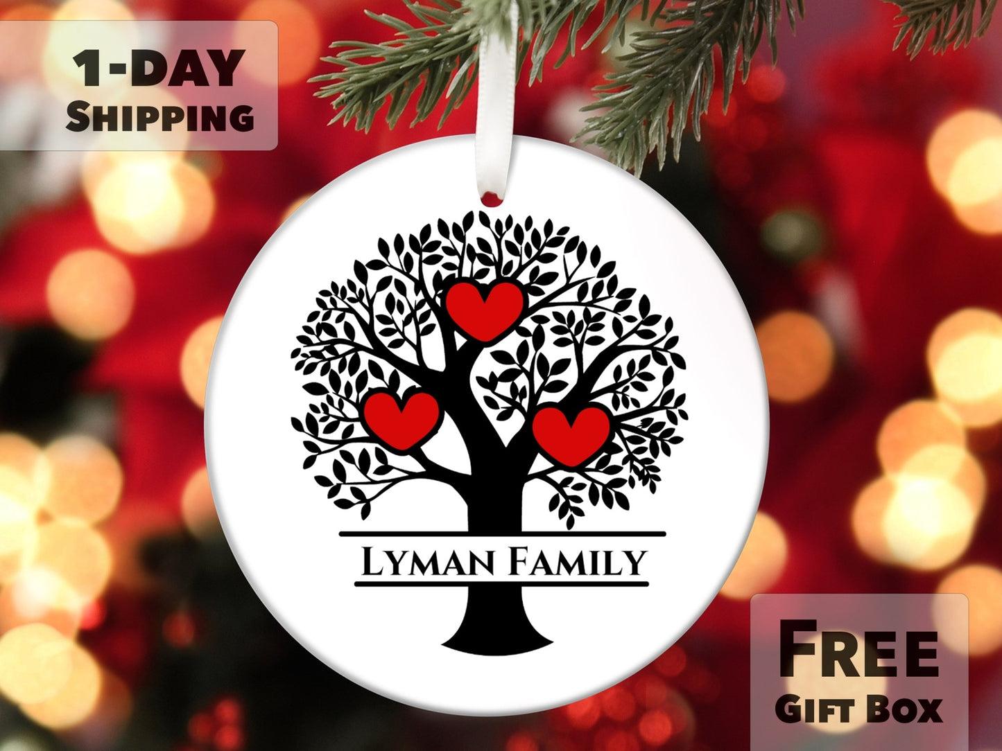 Personalized Family Christmas Ornament - Custom Family Tree Hearts - Made Simple Designs