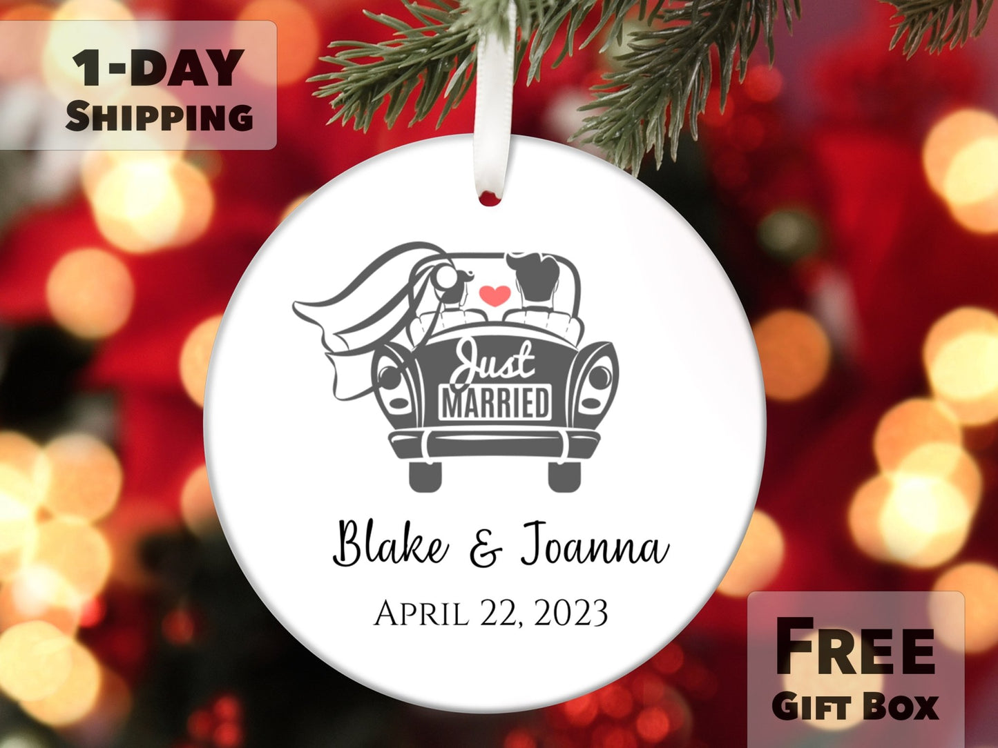 Personalized First Christmas Married 2023 Ornament - Just Married Car - Made Simple Designs