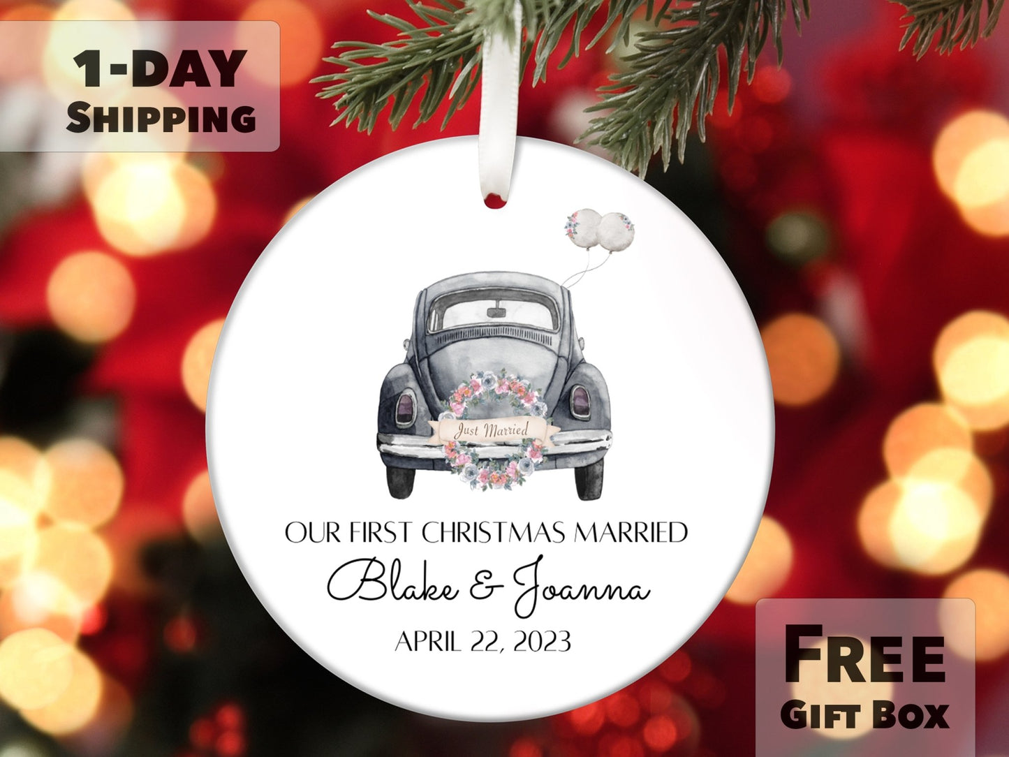Personalized First Christmas Married 2023 Ornament - Just Married Car with Wreath - Made Simple Designs