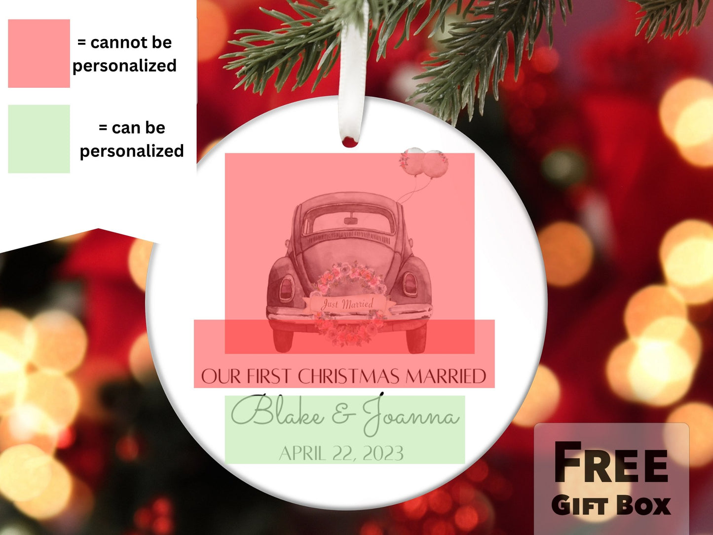 Personalized First Christmas Married 2023 Ornament - Just Married Car with Wreath - Made Simple Designs