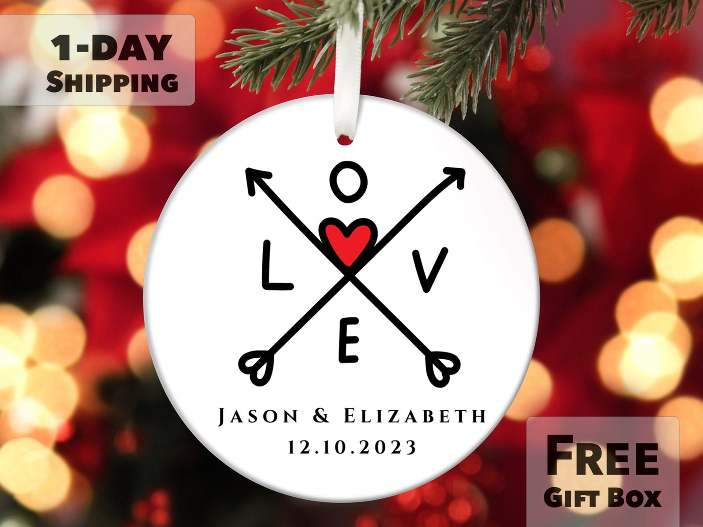 Personalized First Christmas Married 2023 Ornament - Love Arrows with Heart - Made Simple Designs