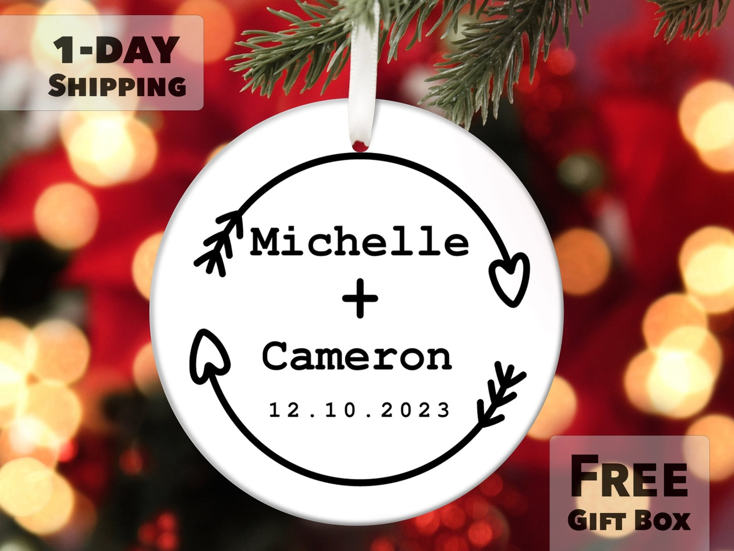Personalized First Christmas Married 2023 Ornament - Minimalist Arrows - Made Simple Designs