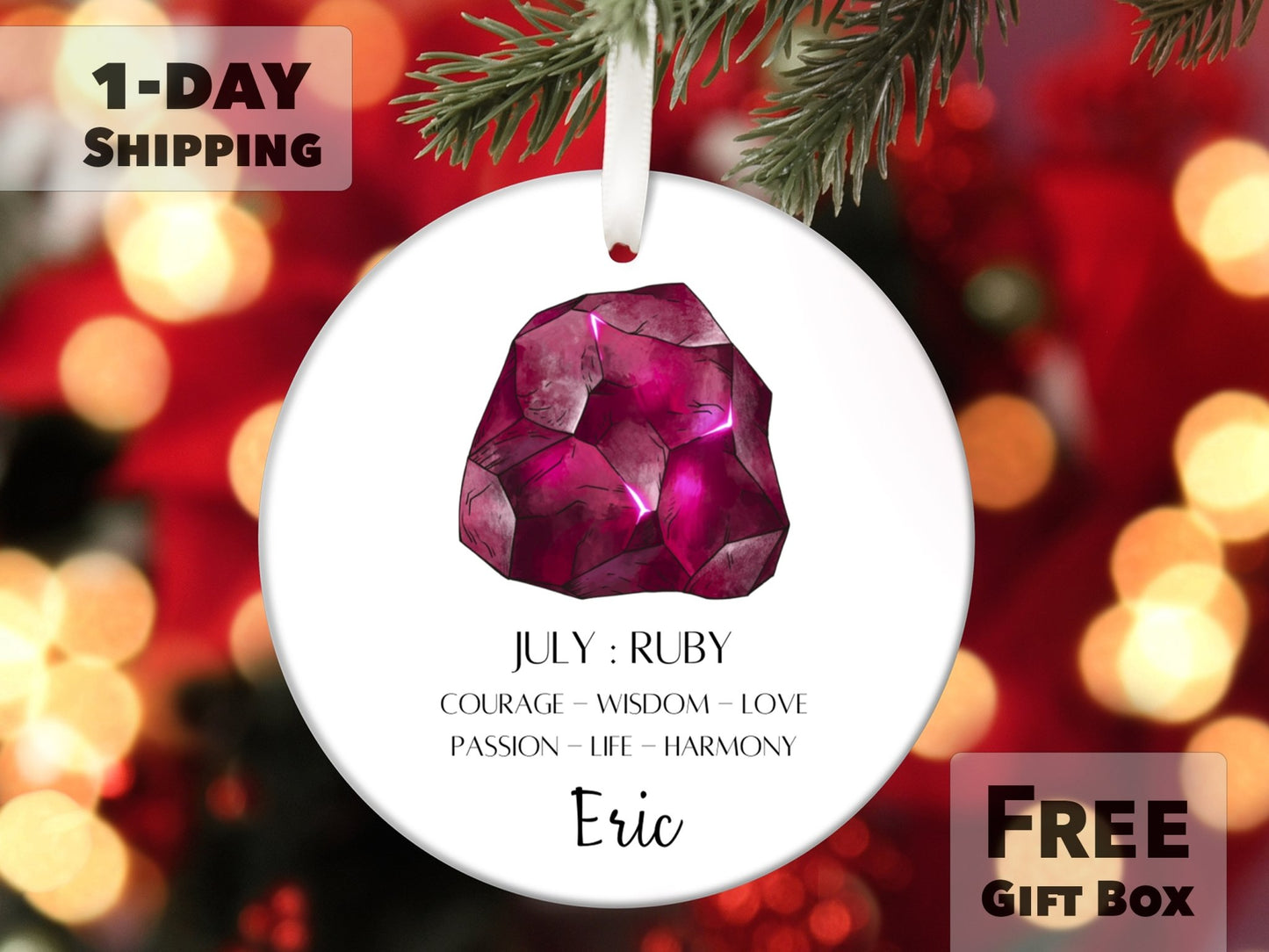 Personalized July Birthstone Ornament - Ruby - Made Simple Designs
