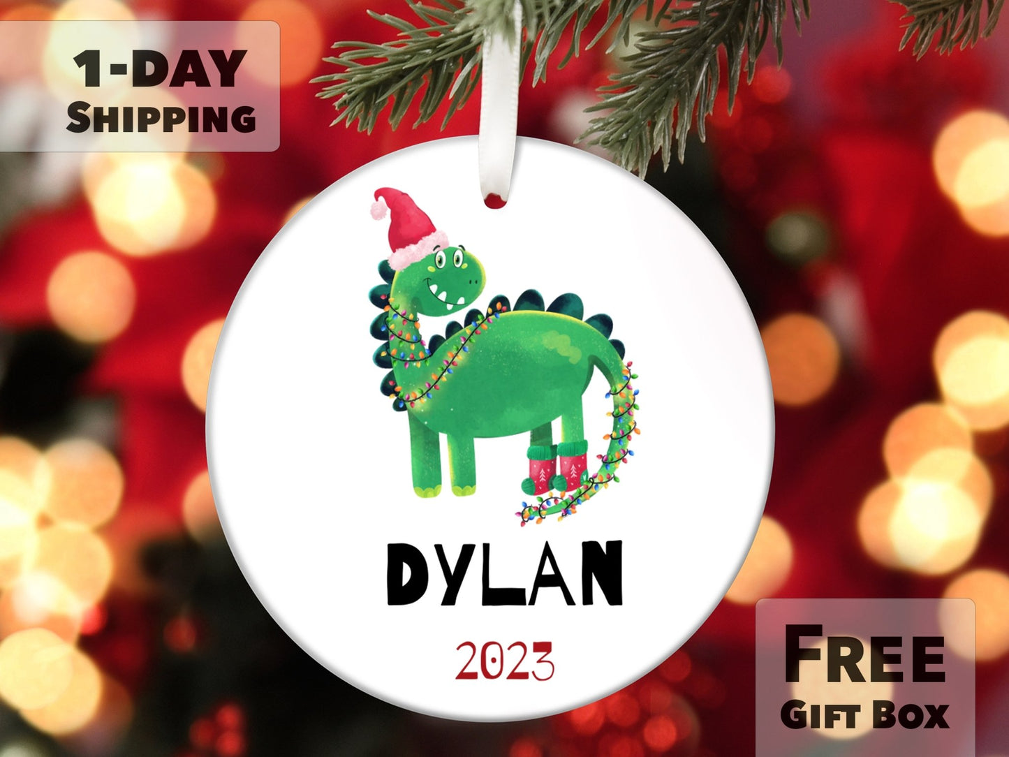Personalized Kids Christmas Ornament - Dinosaur Ornament - Made Simple Designs