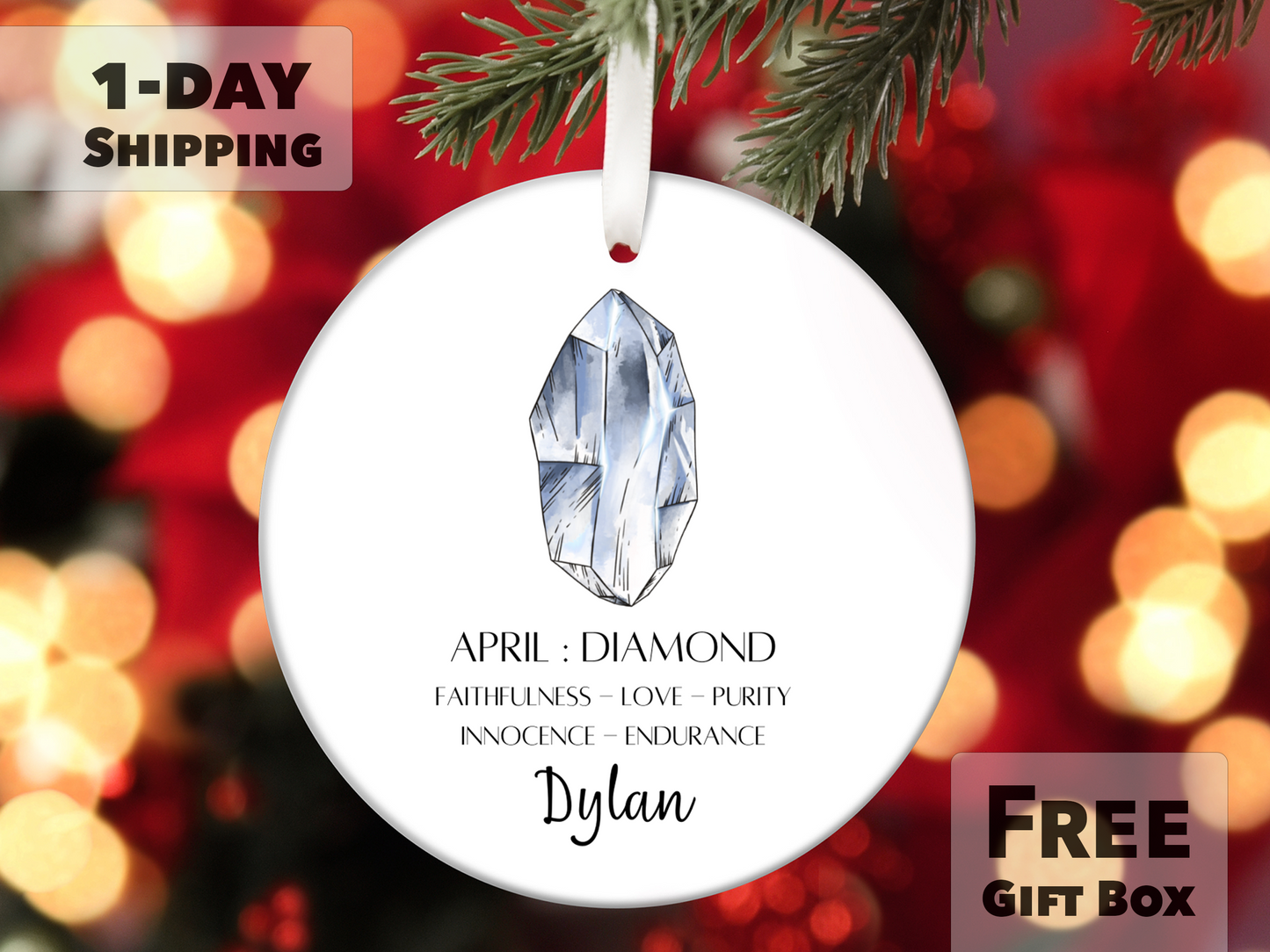 Personalized April Birthstone Ornament - Diamond