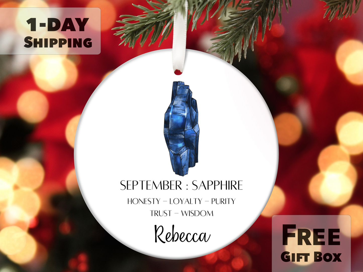 Personalized September Birthstone Ornament - Sapphire