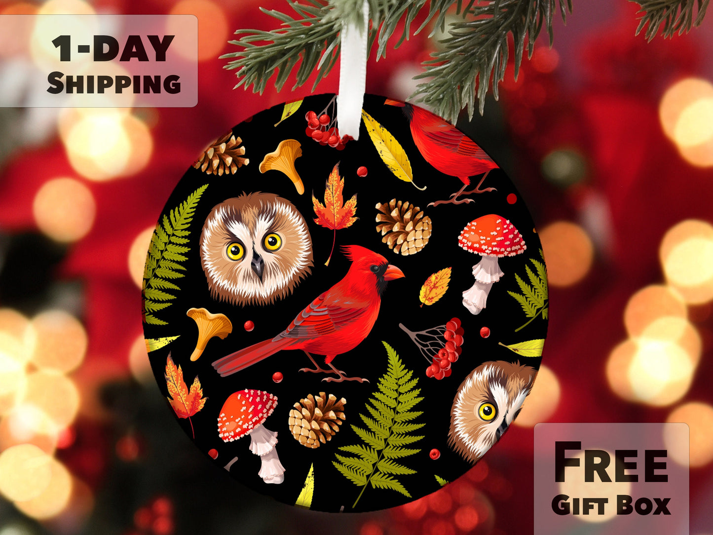 Cardinal Owl Mushroom Woodland Ornament