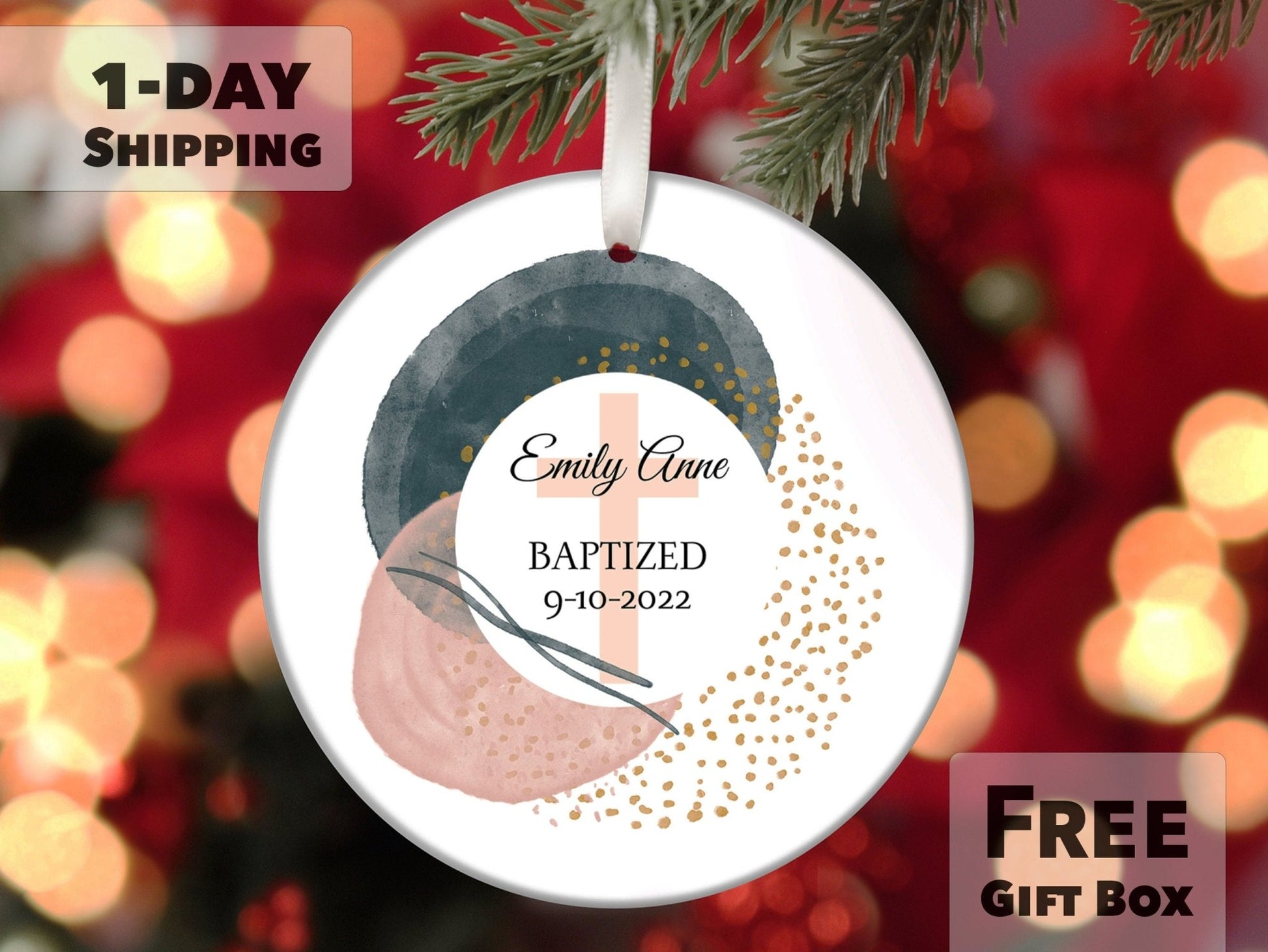 Personalized Baptism Ornament - Pink, Gold, and Blue - Made Simple Designs
