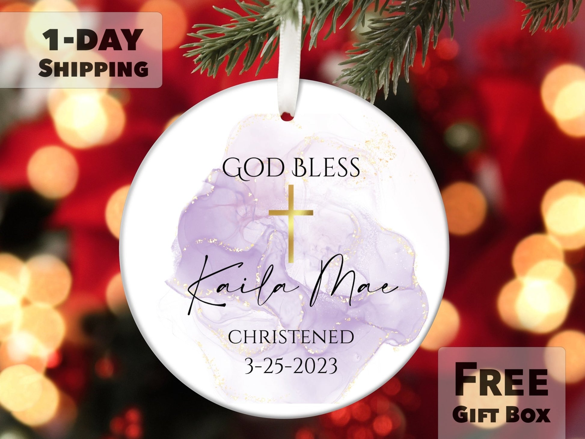 Personalized Baptism Ornament - Purple Watercolor and Cross - Made Simple Designs