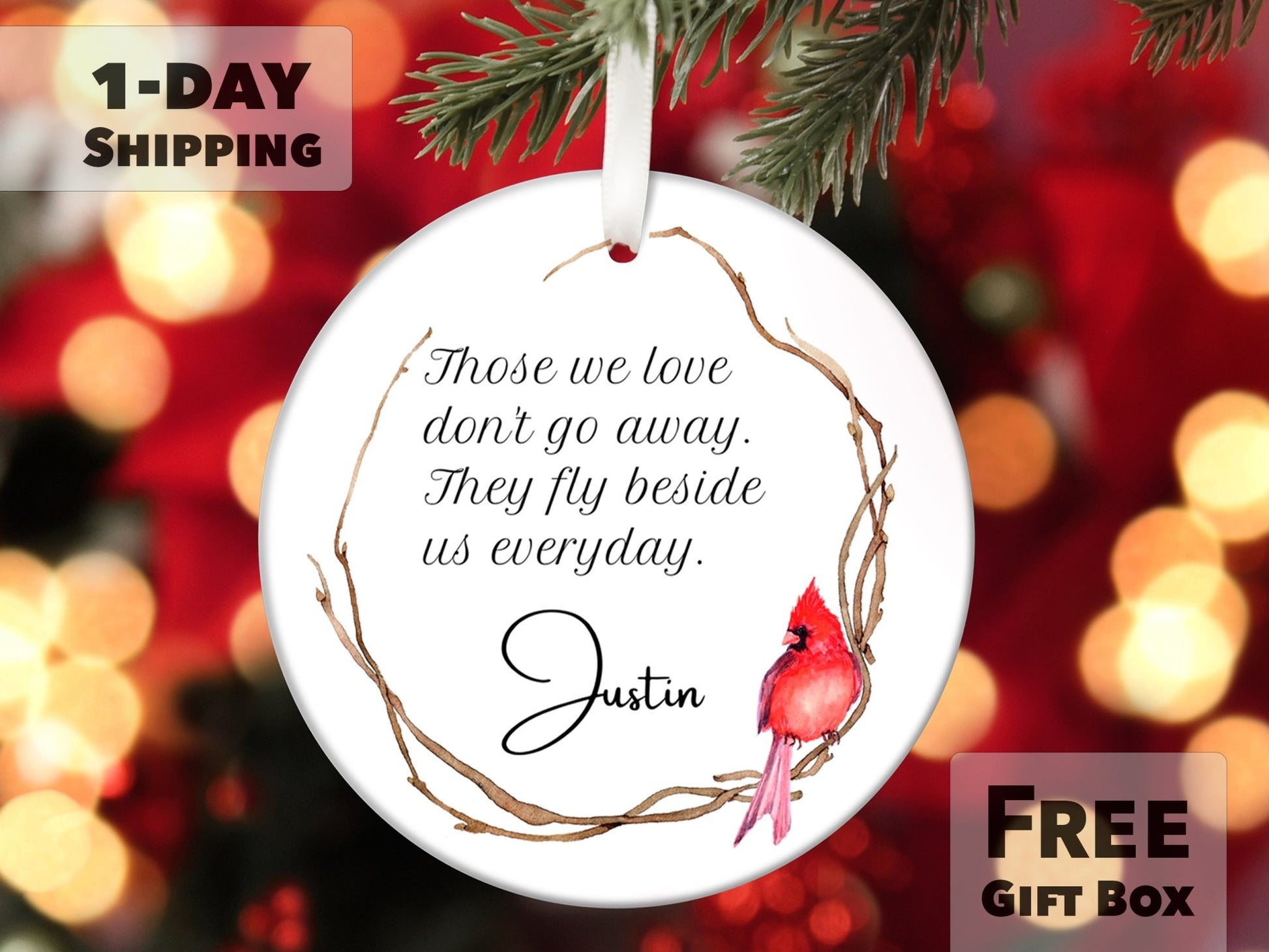 Personalized Cardinal Memorial Ornament - Cardinal on Branch - Made Simple Designs