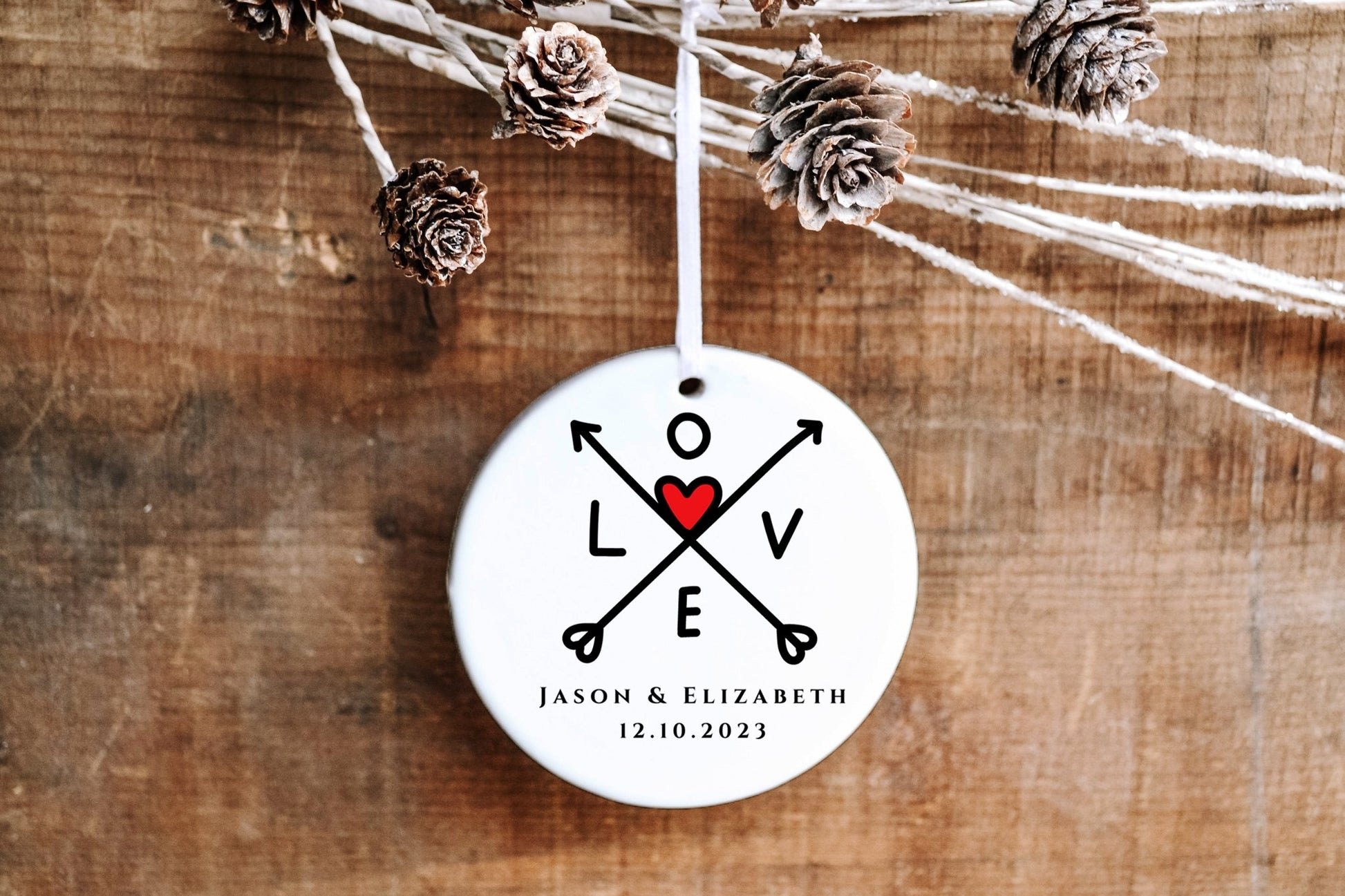 Personalized First Christmas Married 2023 Ornament - Love Arrows with Heart - Made Simple Designs