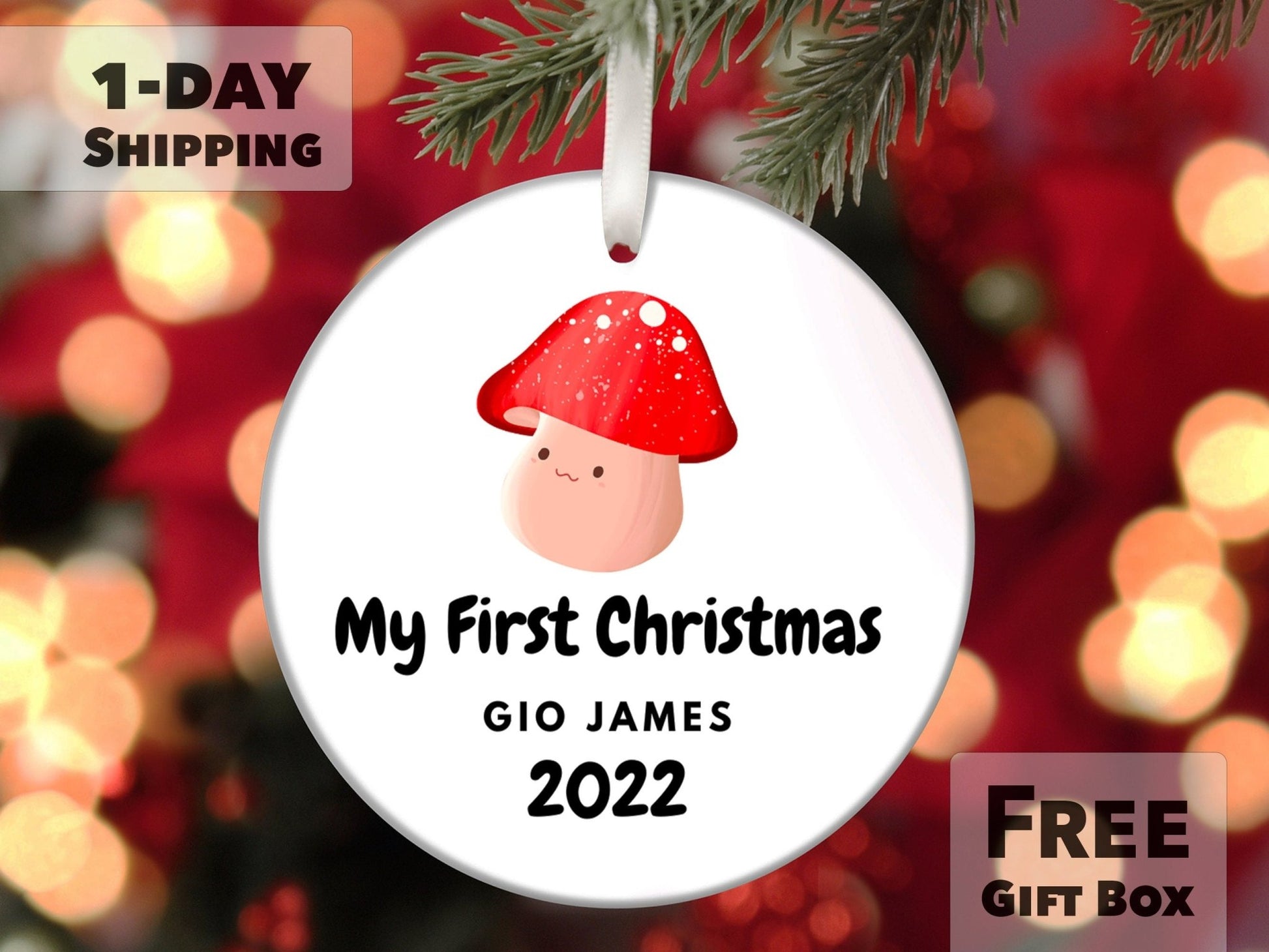 Personalized First Christmas Mushroom Ornament - Made Simple Designs