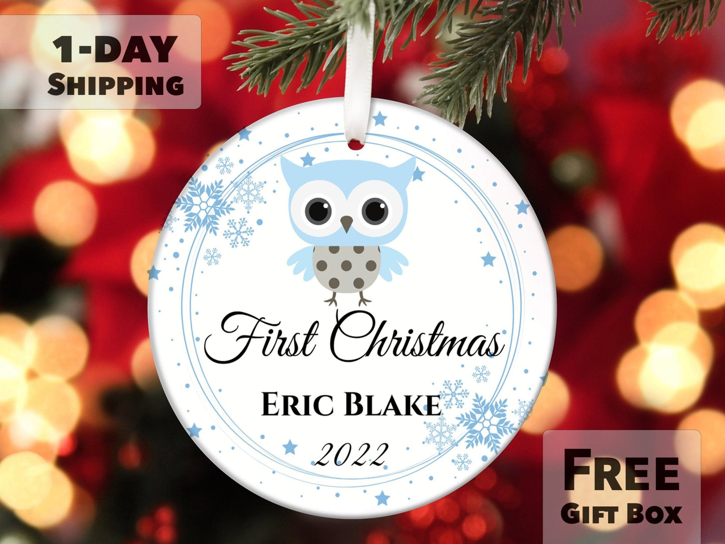 Personalized First Christmas Owl Ornament - Baby Blue Owl - Made Simple Designs