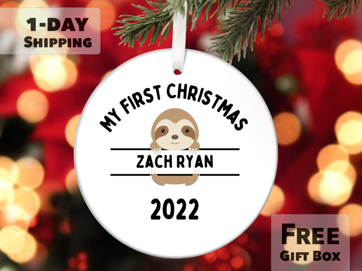 Personalized First Christmas Sloth Ornament - Made Simple Designs