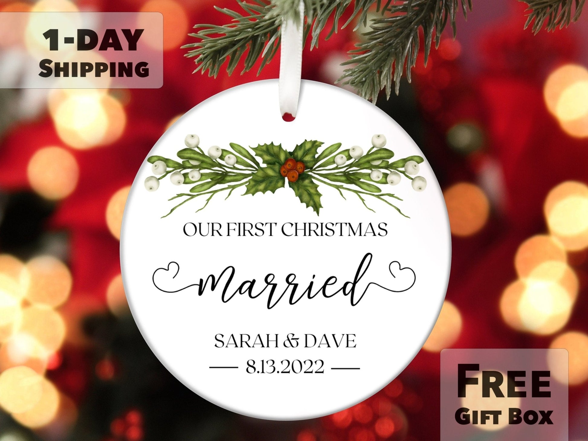 Our First Christmas Married Ornament 2023,Just Married Gifts for Couple,Mr and Mrs, Wood Keepsake 1st Christmas Married Ornaments with Ribbon and Gift