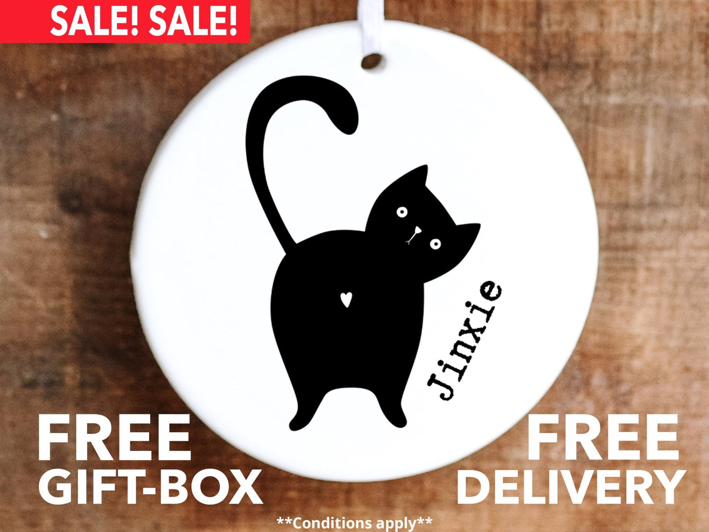 Personalized Funny Cat Ornament - Black Cat With a Heart - Made Simple Designs
