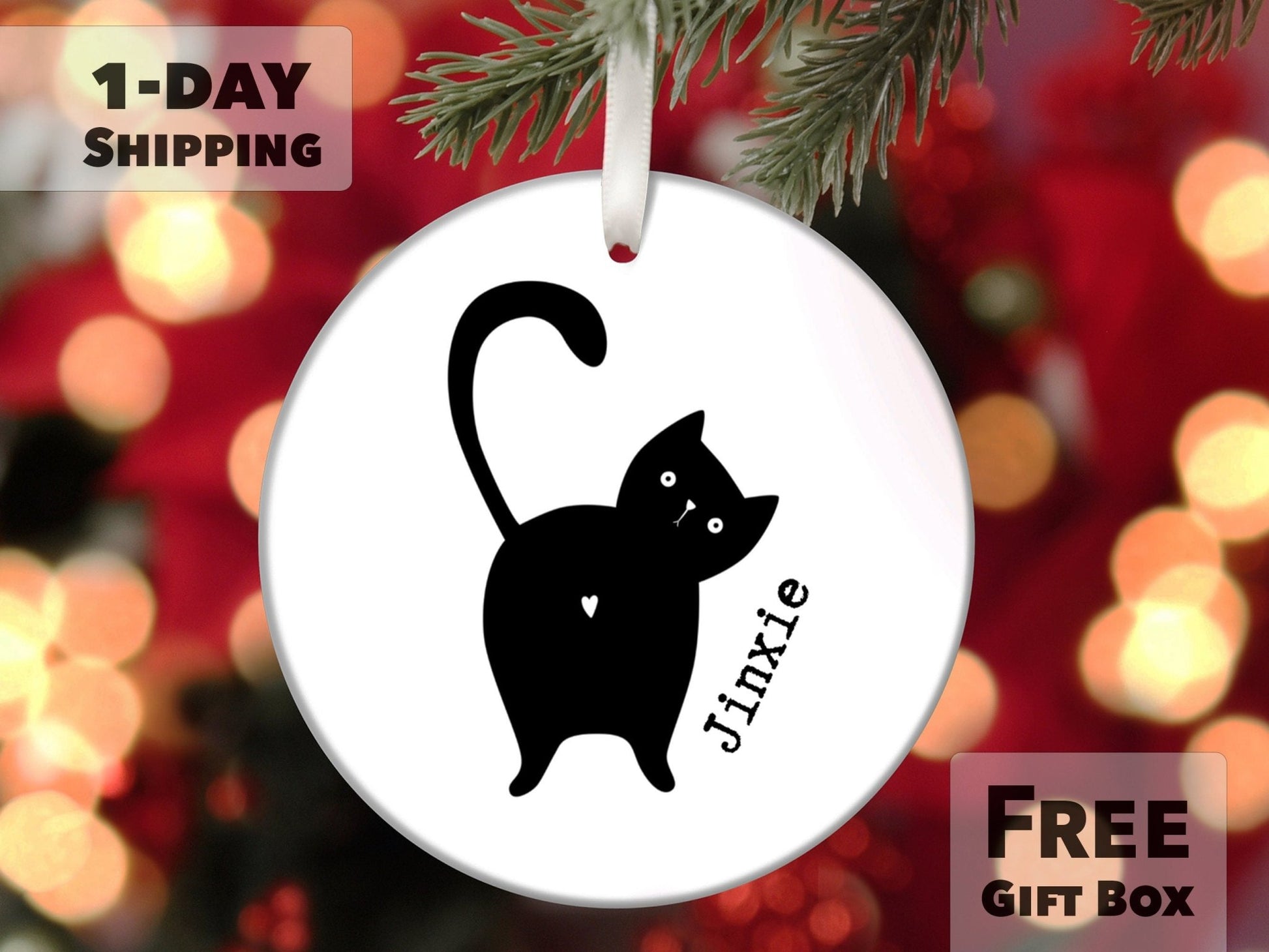 Personalized Funny Cat Ornament - Black Cat With a Heart - Made Simple Designs
