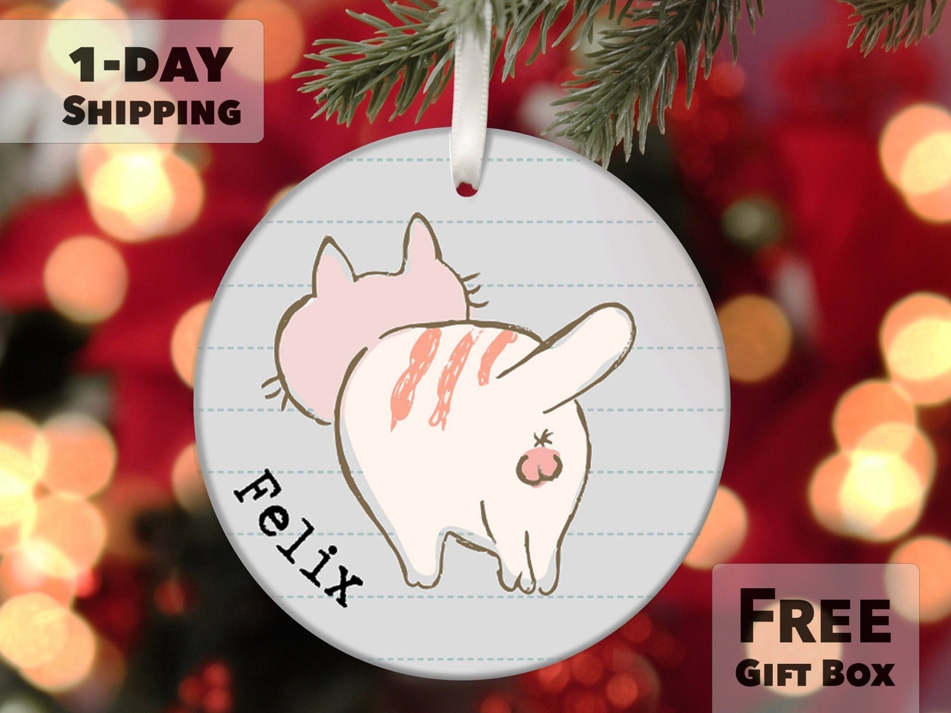 Personalized Funny Cat Ornament - From the back - Made Simple Designs