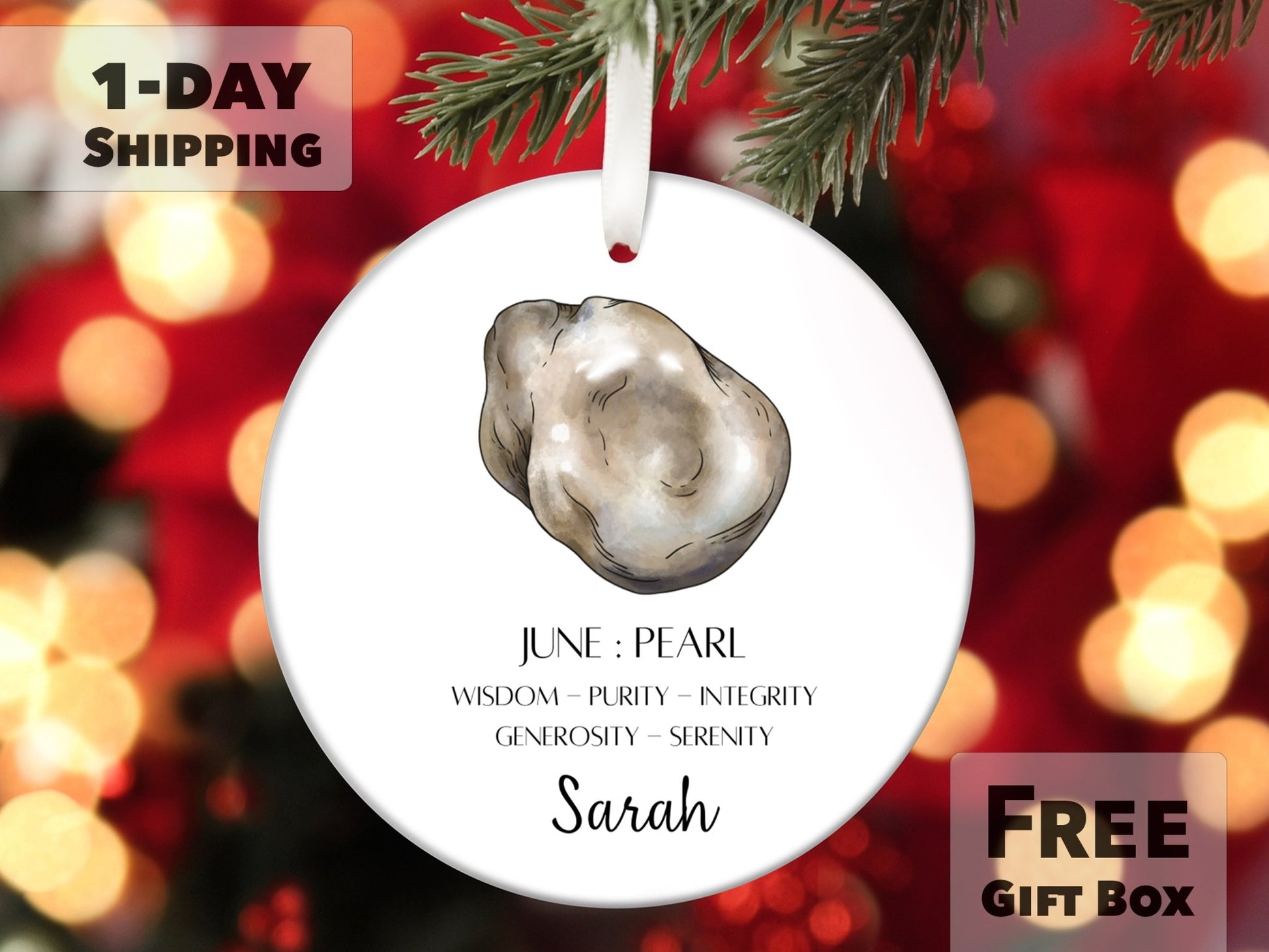 Personalized June Birthstone Ornament - Pearl - Made Simple Designs