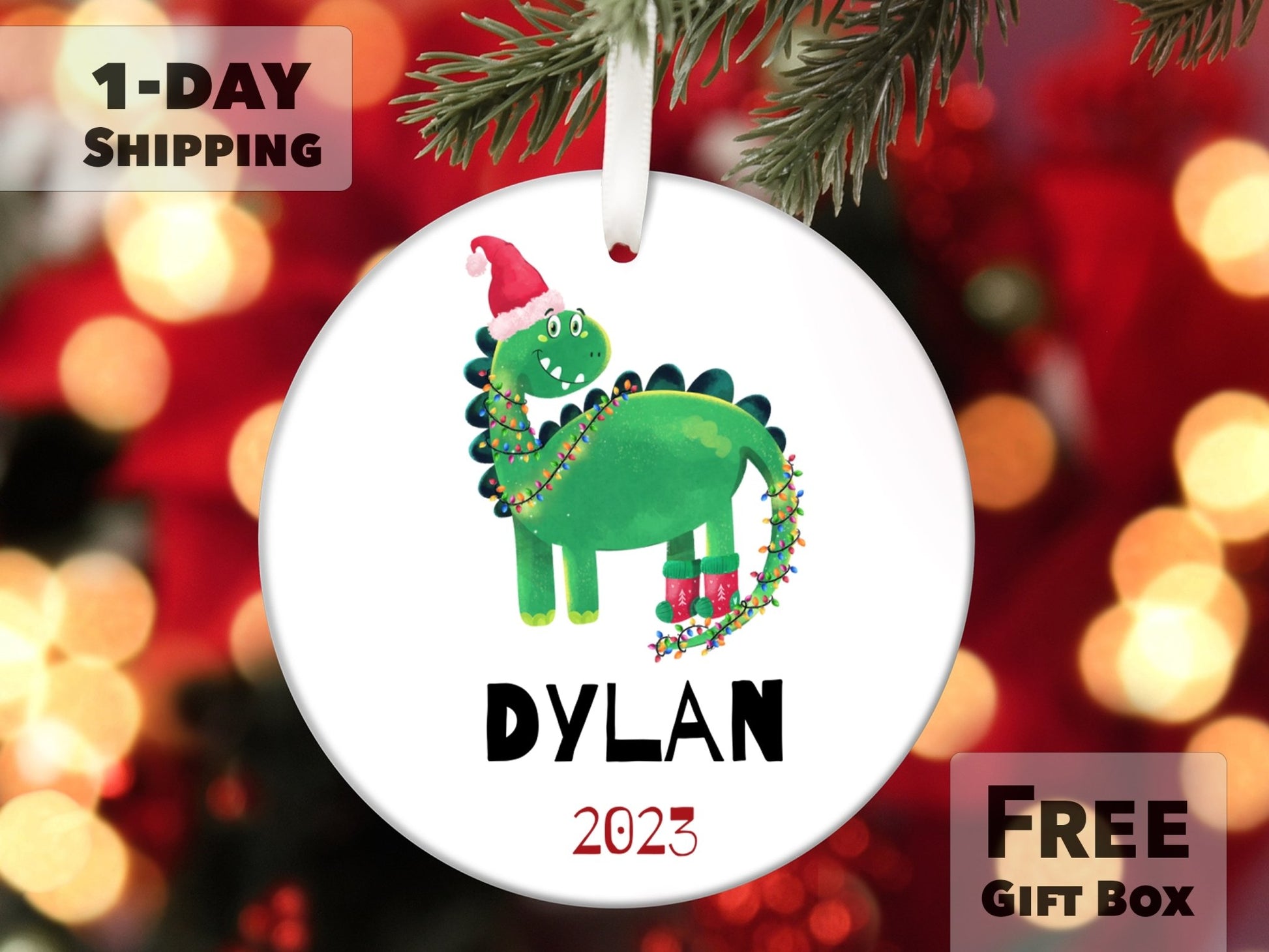 Personalized Kids Christmas Ornament - Dinosaur Ornament - Made Simple Designs